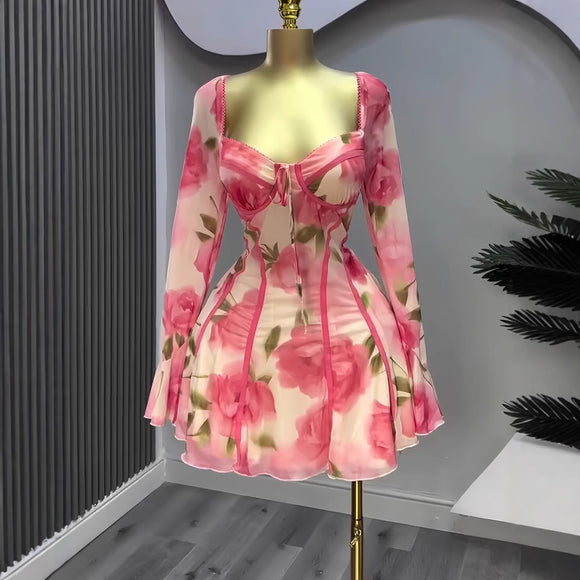 Vestido feminino com estampa de flor de folha de lótus amarrada e manga comprida