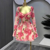 Women's Flared Long Sleeve Tied Lotus Leaf Flower Print Dress