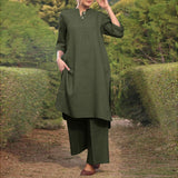 Sports Cotton And Linen V-neck 34 Sleeve Wide-brimmed Trousers 2-piece Set