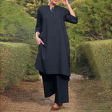 Sports Cotton And Linen V-neck 34 Sleeve Wide-brimmed Trousers 2-piece Set