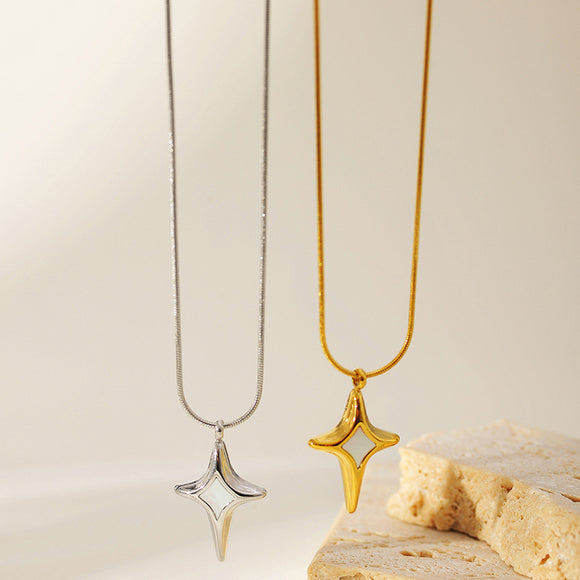 Natural White Shell Four Eight-pointed Stars Pendant Necklace For Women