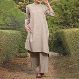 Sports Cotton And Linen V-neck 34 Sleeve Wide-brimmed Trousers 2-piece Set