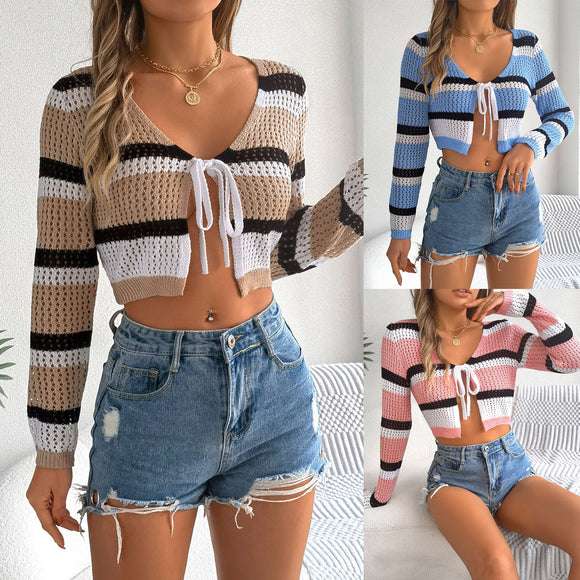 Summer Hollow Contrast Color Striped Lace-up Long Sleeves Cropped Knitted Cardigan