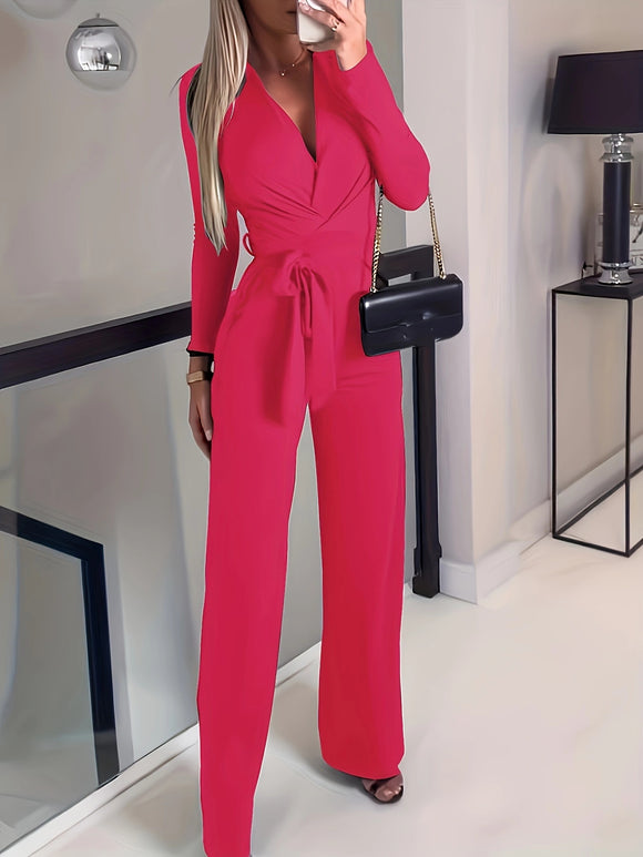 Women's Solid V-neck Bow Tie Waist Slimming Fashion Jumpsuit