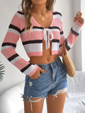 Summer Hollow Contrast Color Striped Lace-up Long Sleeves Cropped Knitted Cardigan